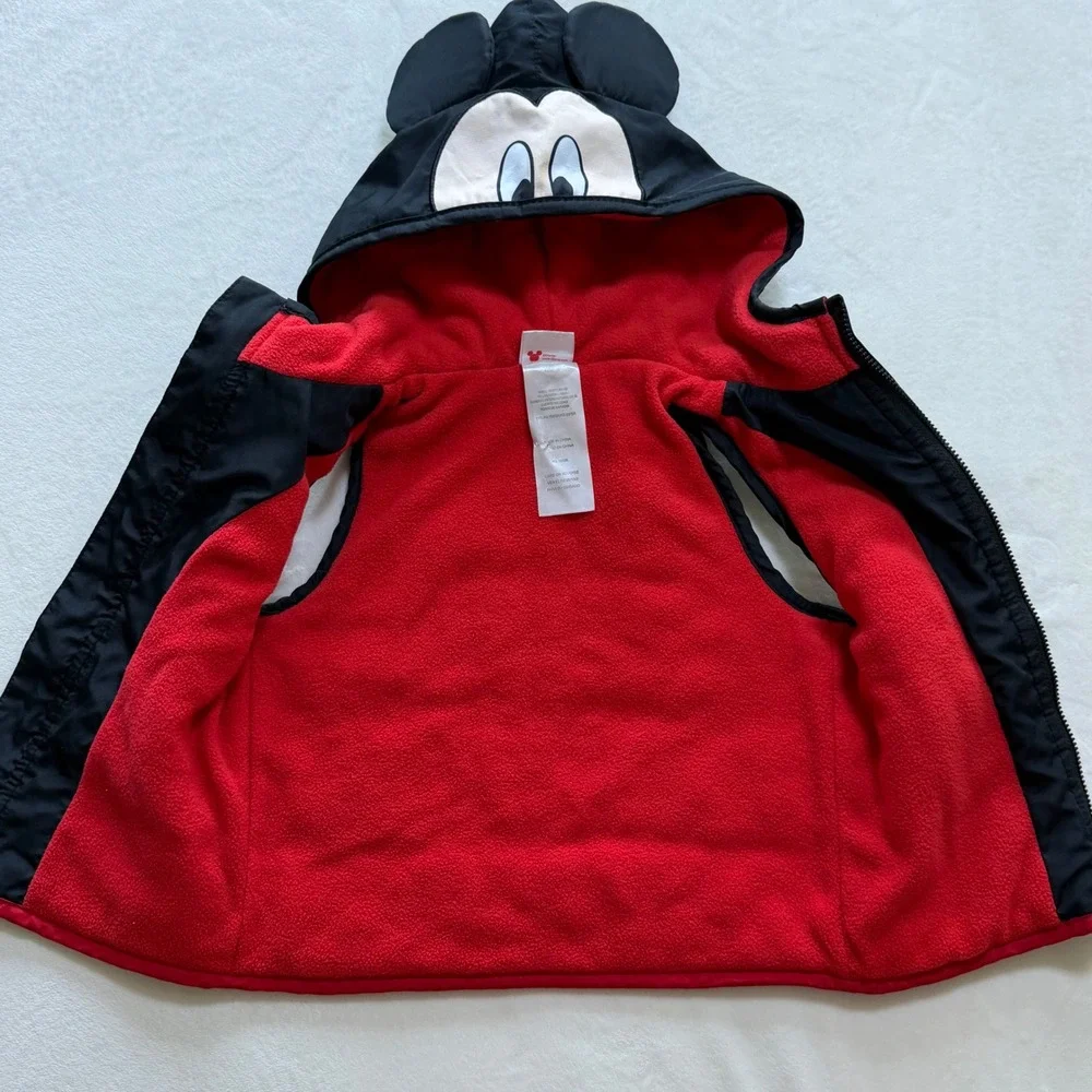 Disney Mickey Mouse Puffer Vest Kids 12M Black Red Hooded 3D Ears Fleece Lined